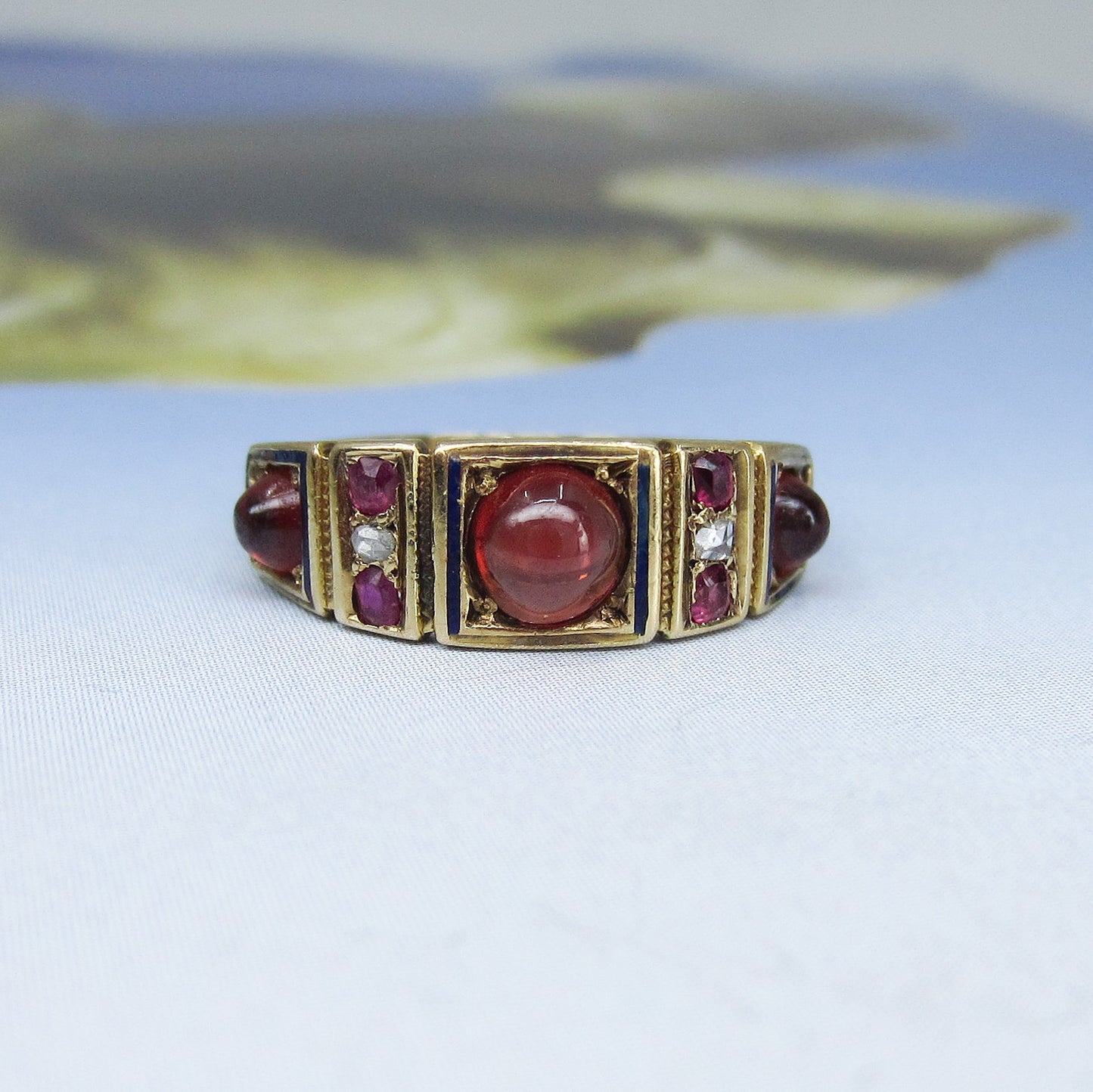 SOLD--Victorian Garnet, Ruby, Diamond and Enamel Band 18k, British c. 1870