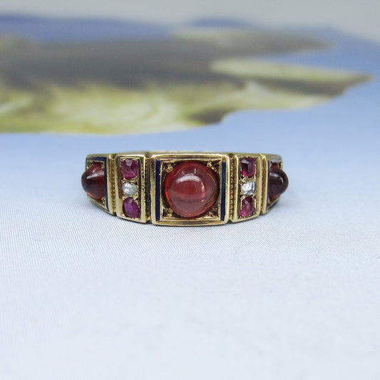 SOLD--Victorian Garnet, Ruby, Diamond and Enamel Band 18k, British c. 1870