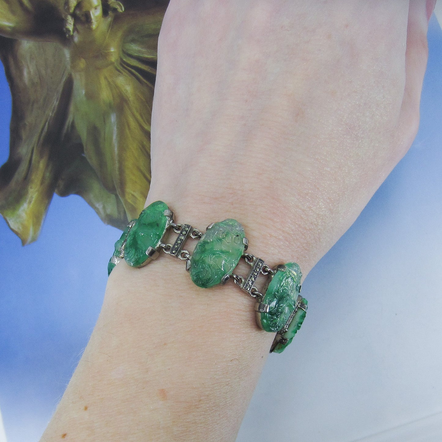 Art Deco Jade Glass and Marcasite Bracelet Sterling, French c. 1920