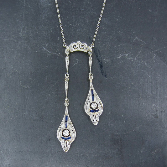 SOLD-Art Deco Diamond and Sapphire Negligee Necklace Plat/14k c. 1930