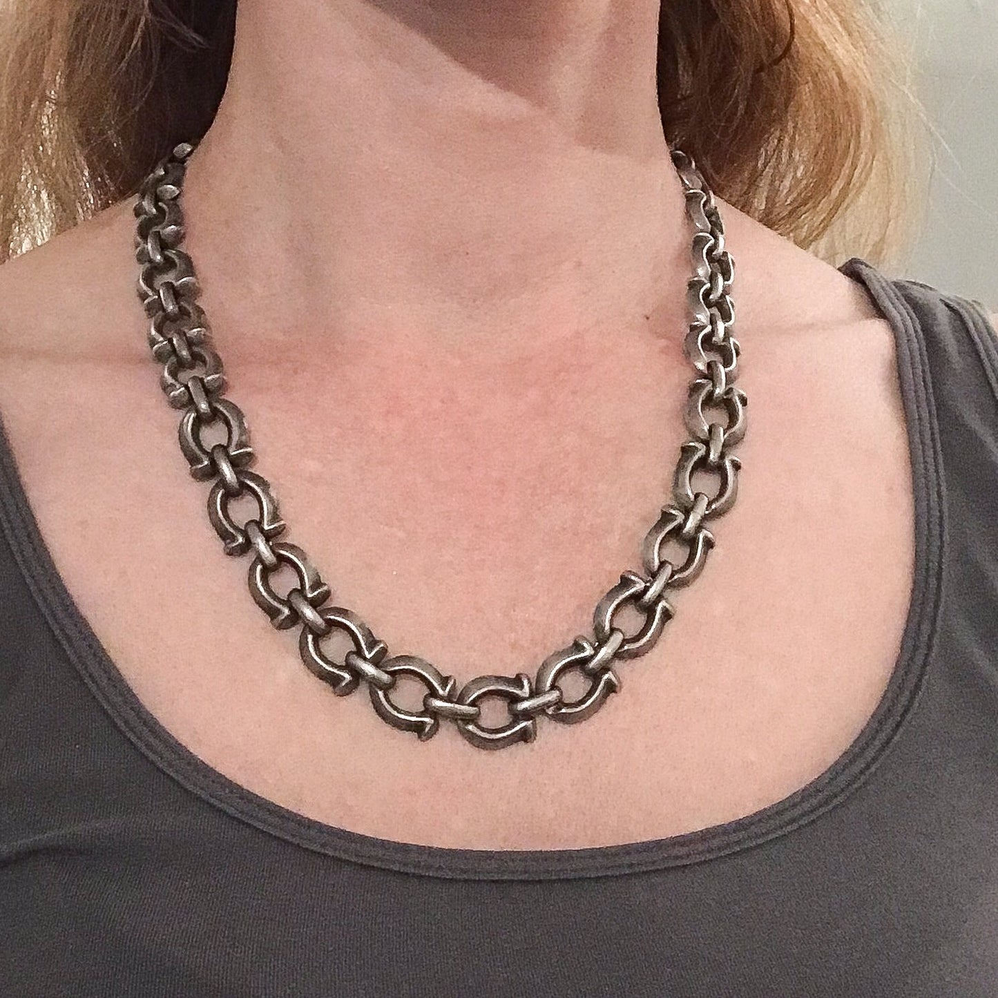 SOLD--Vintage Heavy Omega Link Chain Necklace Sterling, Mexico c. 1970