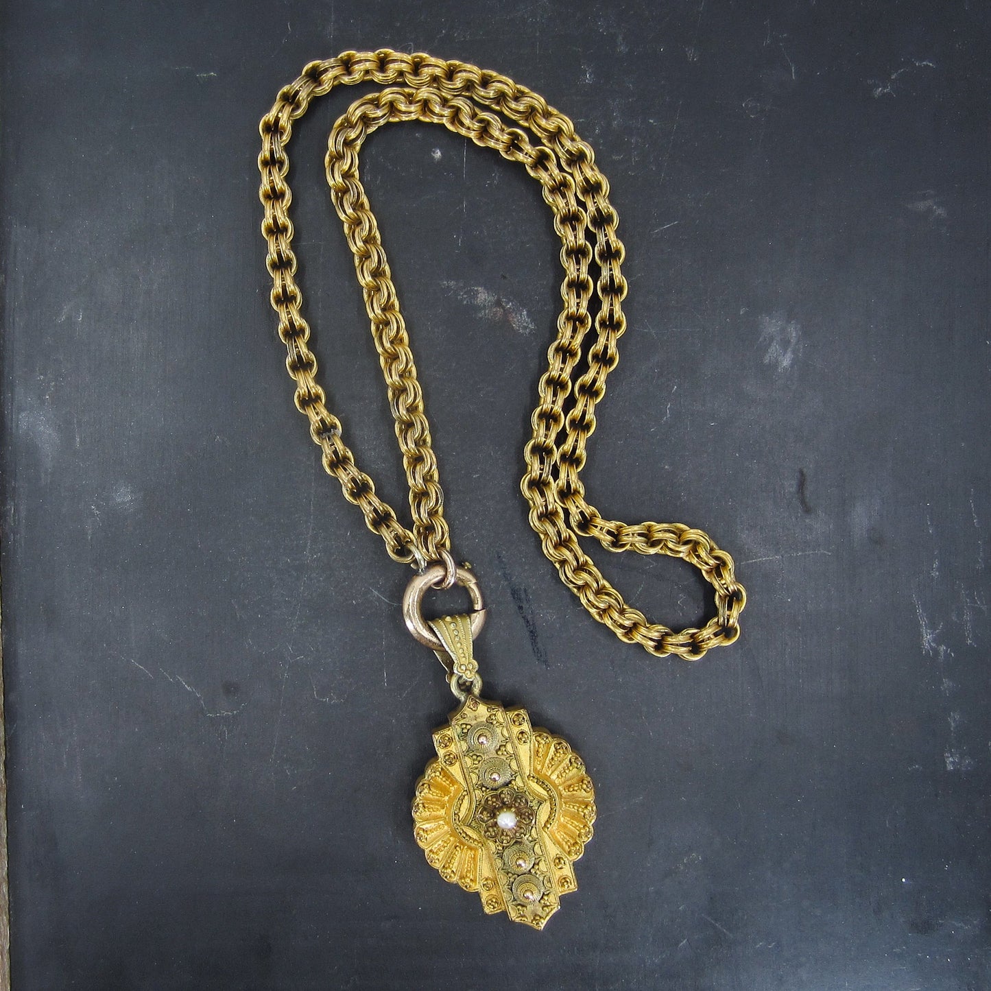 SOLD-Victorian Etruscan Revival Locket and Chain Gold-Filled c. 1880