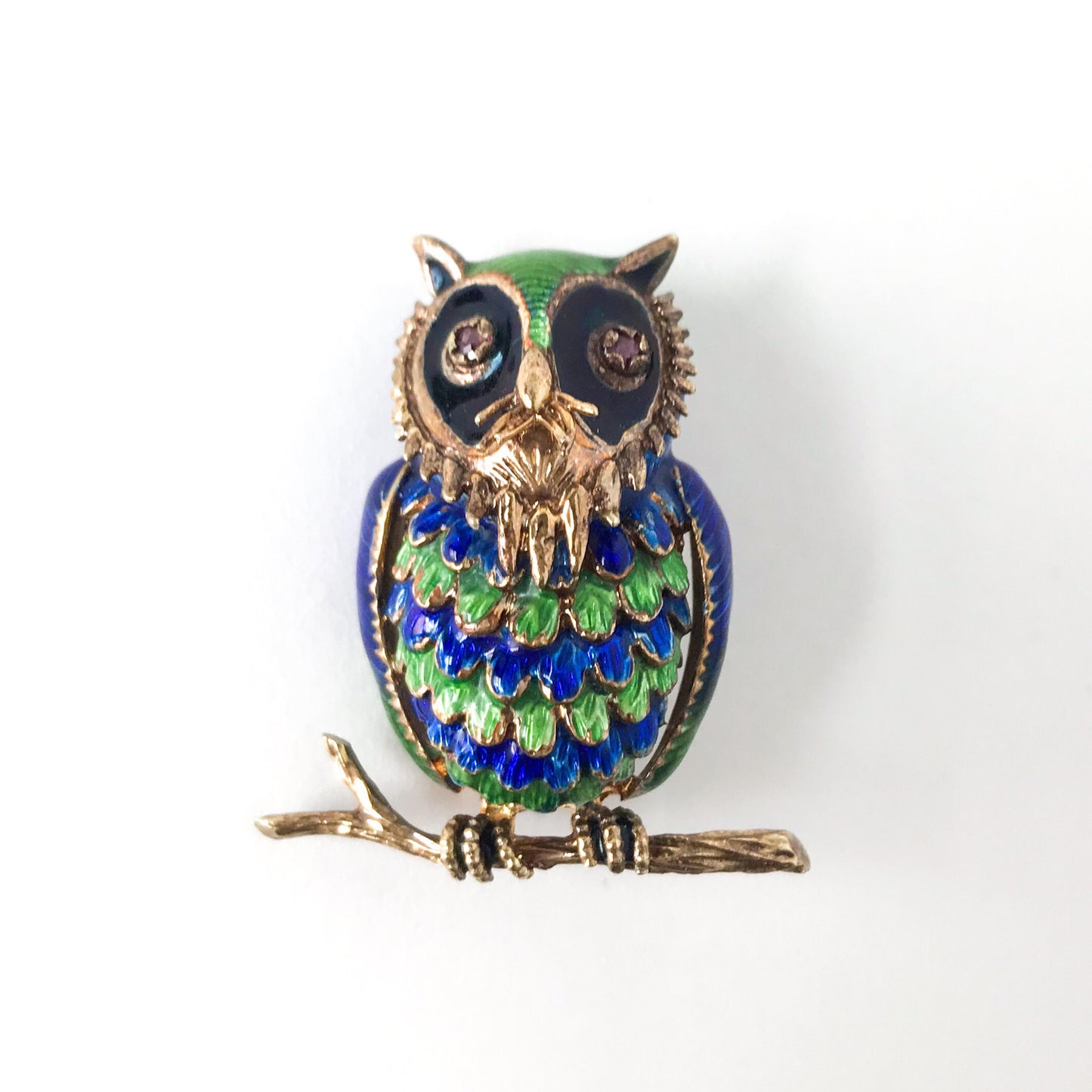 Mid-Century Enamel and Ruby Owl Brooch 14k c. 1960