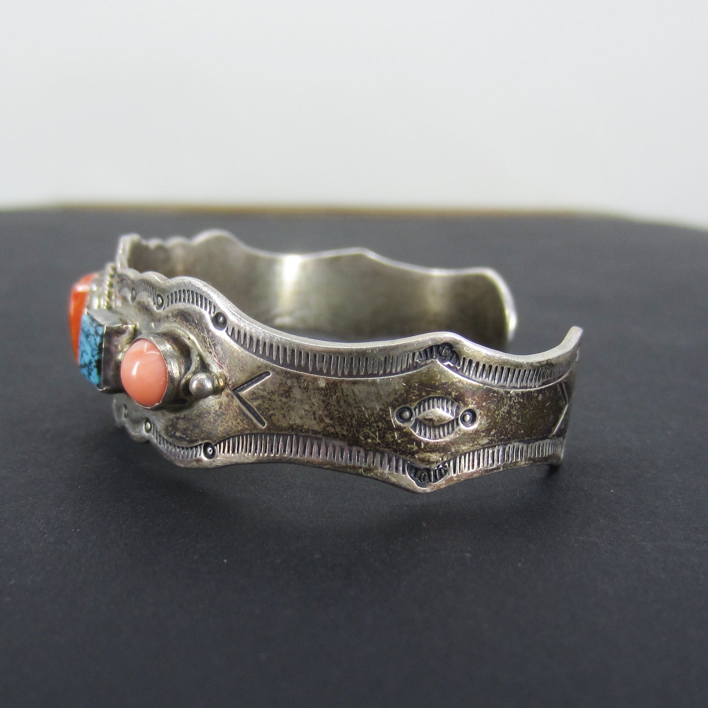 Vintage Coral, Turquoise and Spiny Oyster Heart Cuff Sterling