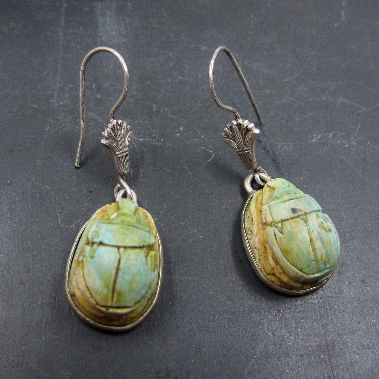 SOLD--Vintage Egyptian Revival Faience Scarab Earrings Silver c. 1970