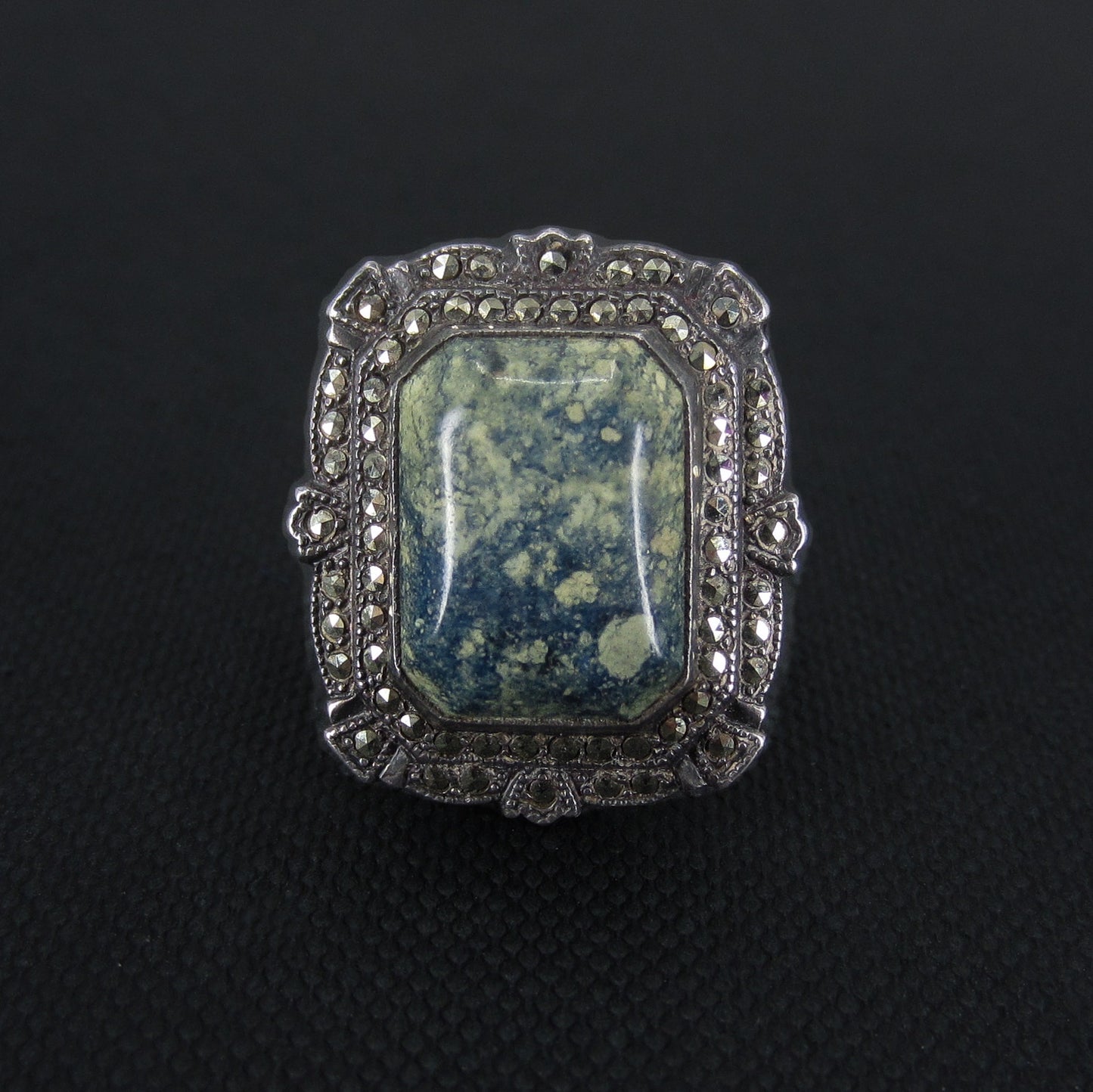 SOLD-Art Deco Blue Jasper and Marcasite Ring Sterling c. 1930