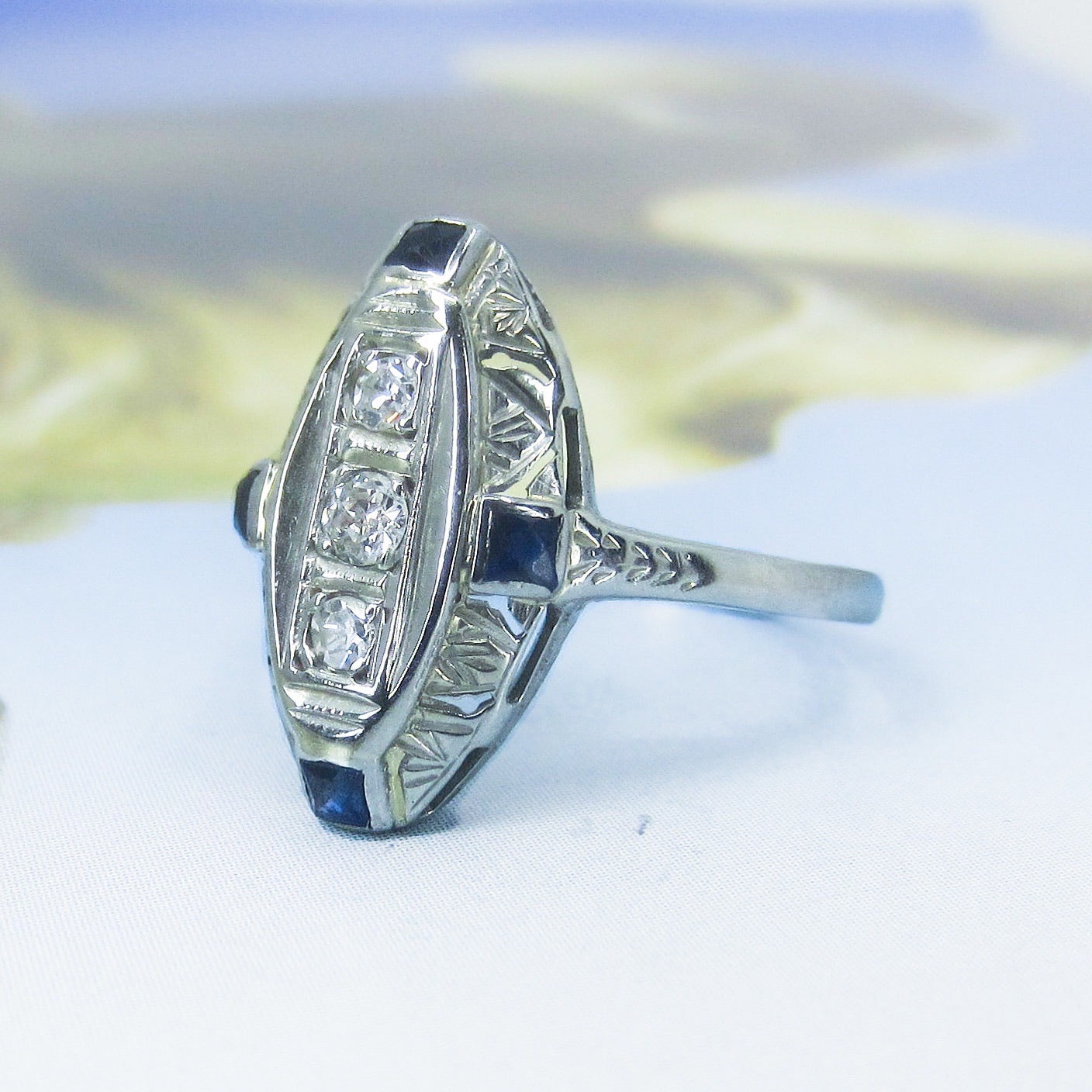 Art Deco Diamond and Sapphire Navette Ring 14k c. 1930