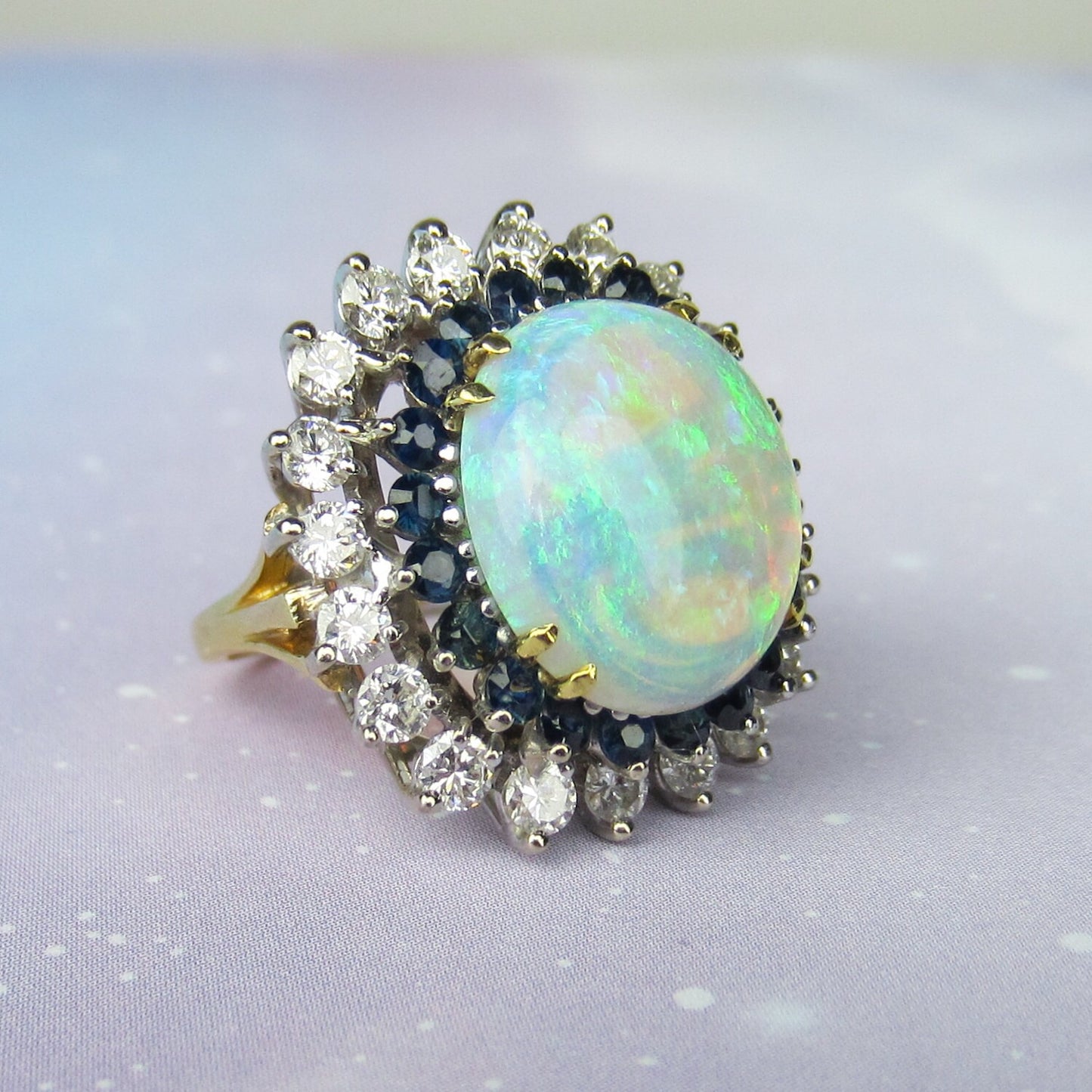 SOLD--Fabulous Mid-Century Opal, Diamond and Sapphire Ring 18k c. 1960