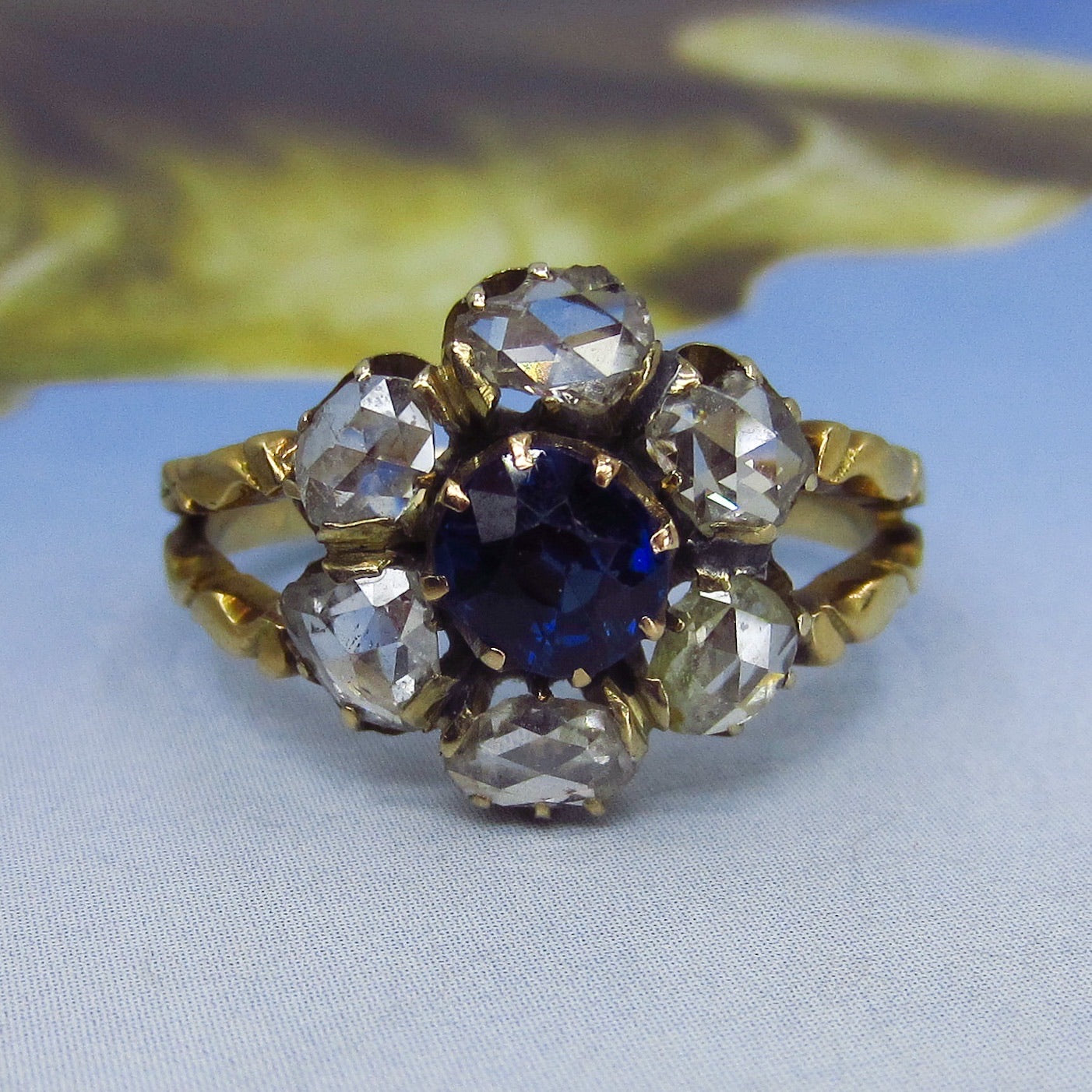 SOLD--Victorian Sapphire and Rose Cut Diamond Cluster Ring 14k, Russian c. 1880