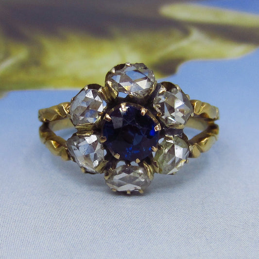 SOLD--Victorian Sapphire and Rose Cut Diamond Cluster Ring 14k, Russian c. 1880