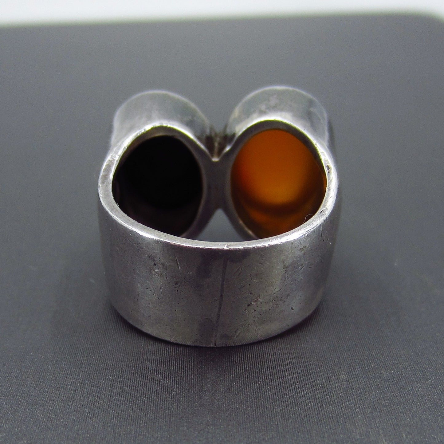 SOLD--Modernist Carnelian and Onyx Cabochon Ring Sterling c. 1970