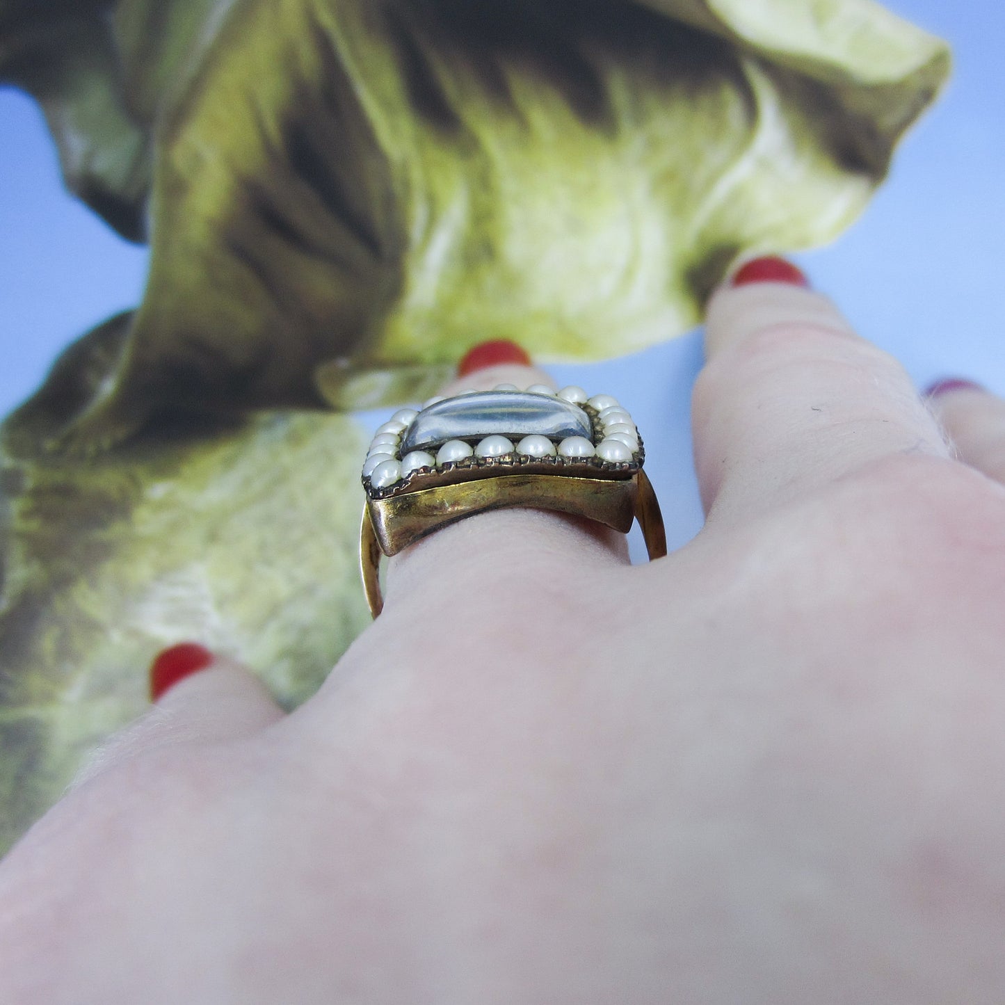 SOLD--Late Georgian Butterfly Wing and Pearl Ring 14k c. 1840