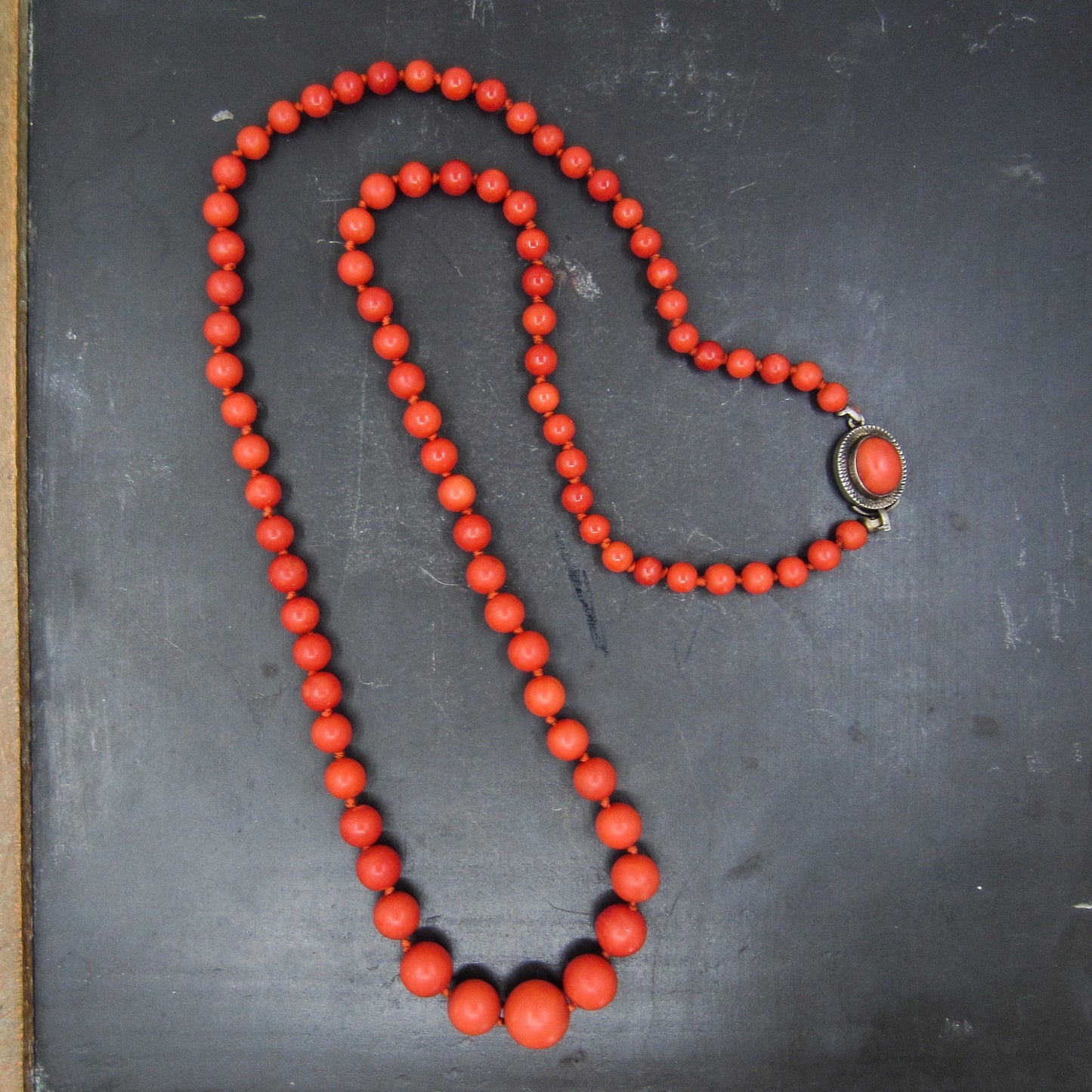 SOLD-Art Deco Italian Graduated Coral Bead Necklace 800 Silver c. 1920