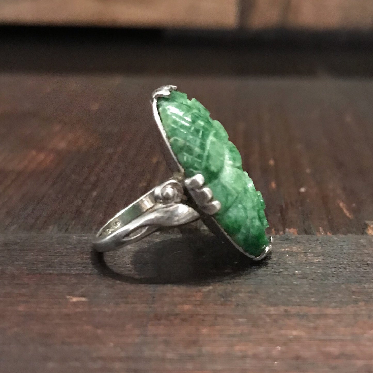 SOLD--Art Deco Carved Jade Ring Sterling c. 1930