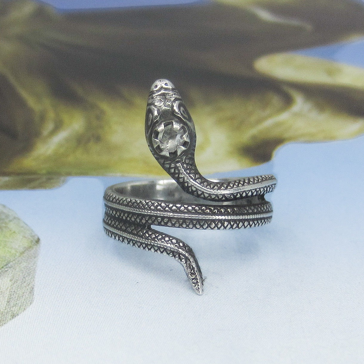 SOLD-Vintage Rose Cut Diamond Snake Ring Sterling, size 6.75 Russian c. 1970