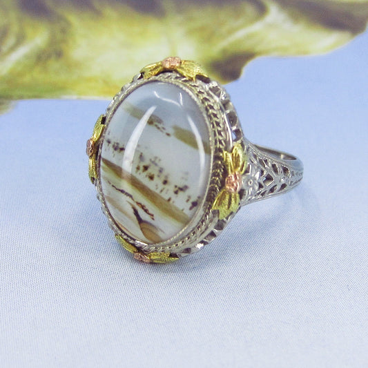 SOLD-Art Deco Agate Filigree Ring 14k c. 1920