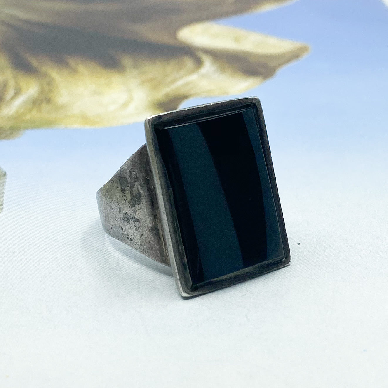 SOLD--Vintage Large Onyx Signet Ring Sterling c. 1970