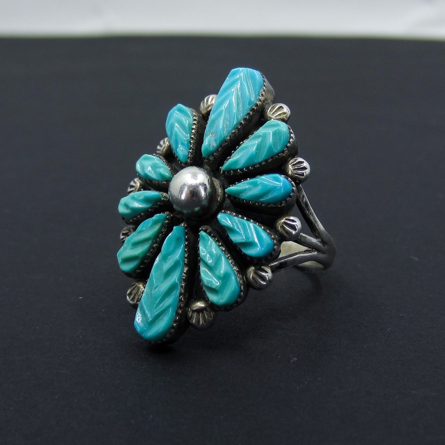 SOLD--Vintage Zuni Carved Turquoise Petit Point Ring Sterling c. 1970