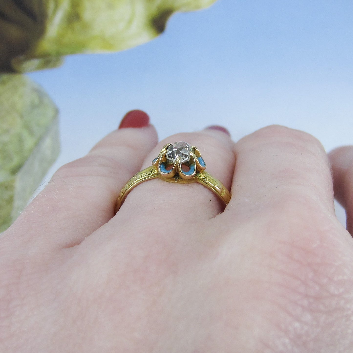 SOLD-Victorian Old Mine Diamond and Enamel Engraved Band Ring 14k c. 1840