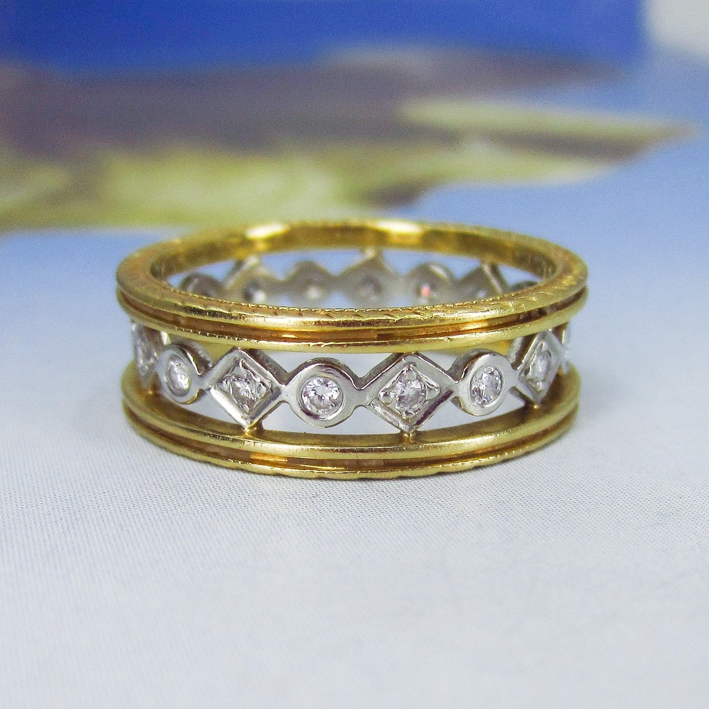 SOLD--Vintage Diamond Two Tone Wide Eternity Band 18k/Platinum, size 6.25 c. 1990