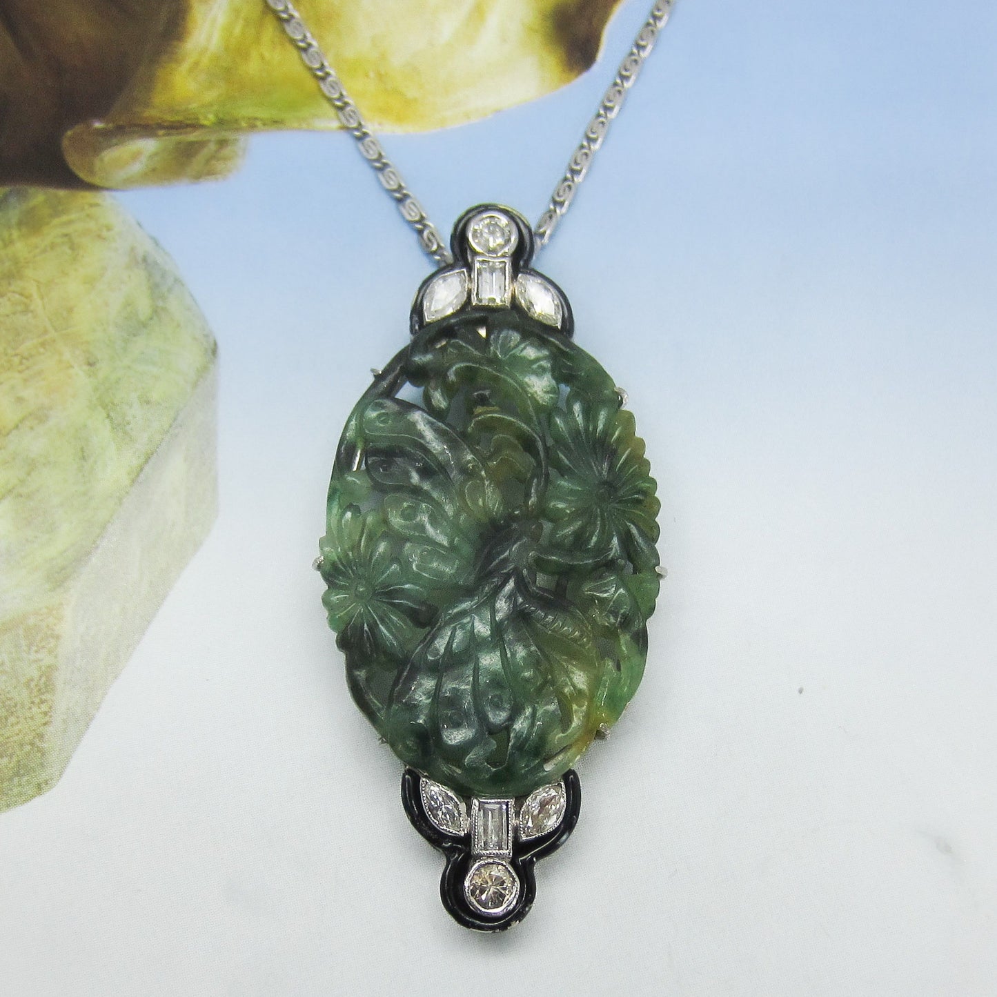 Art Deco Jade, Diamond and Enamel Pendant 14k c. 1930