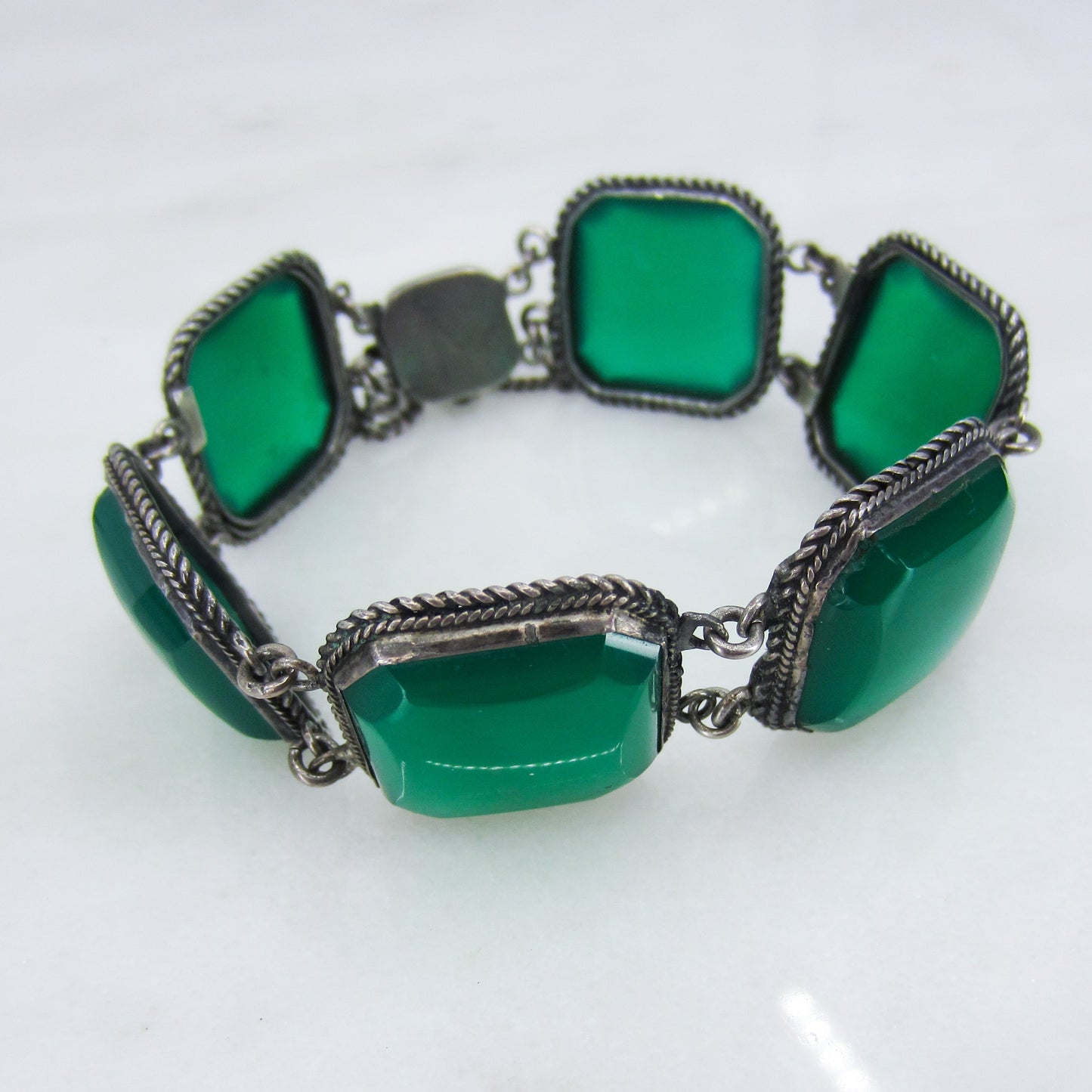 SOLD-Art Deco Green Chalcedony Bracelet Sterling c. 1930