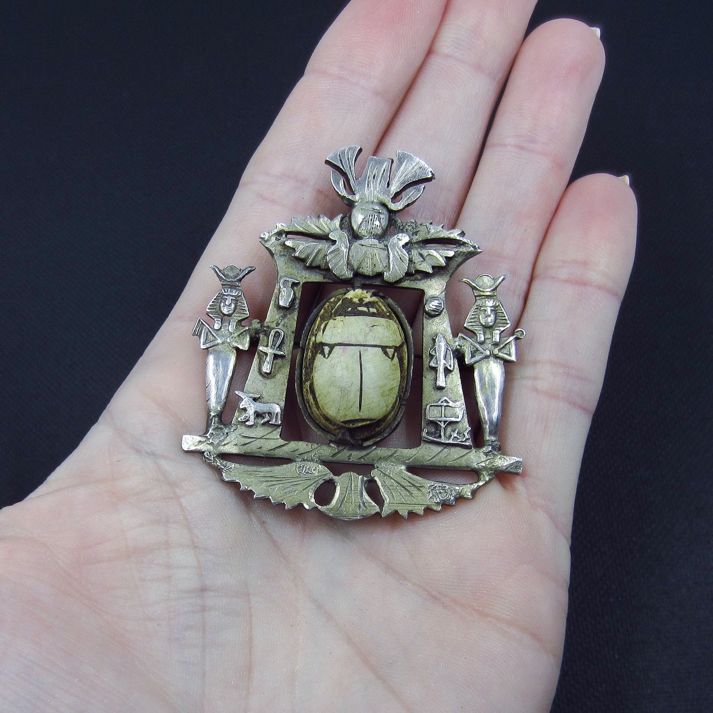 SOLD-Art Deco Egyptian Revival Faience Scarab Brooch Silver c. 1930