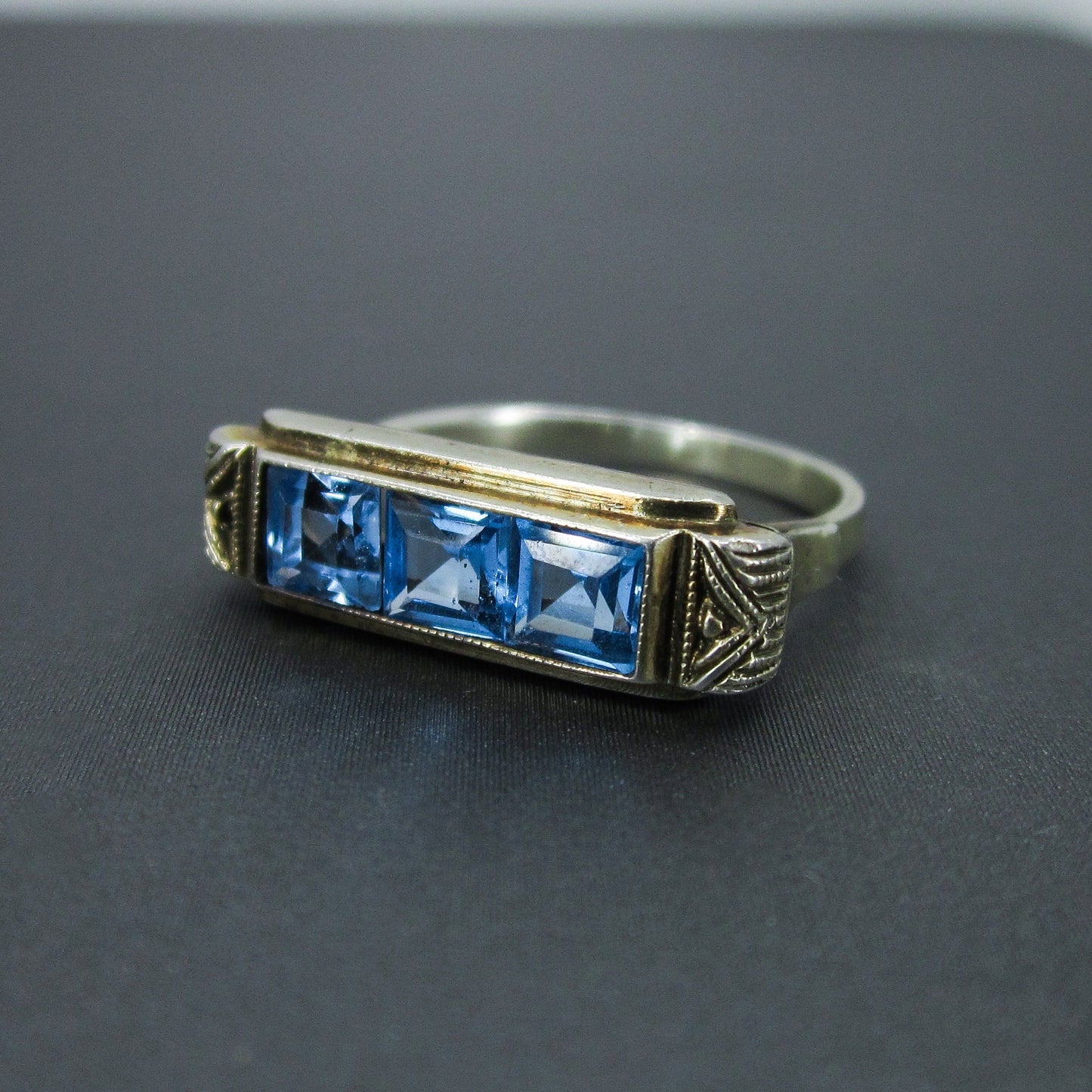 SOLD-Art Deco Square Cut Synthetic Spinel Ring Gilt 835 Silver c. 1930