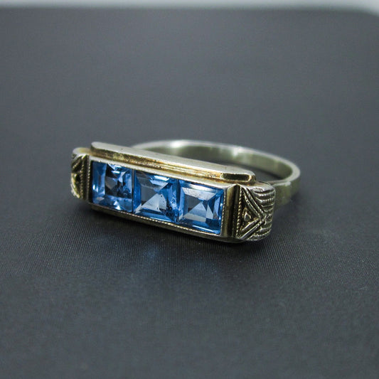 SOLD-Art Deco Square Cut Synthetic Spinel Ring Gilt 835 Silver c. 1930