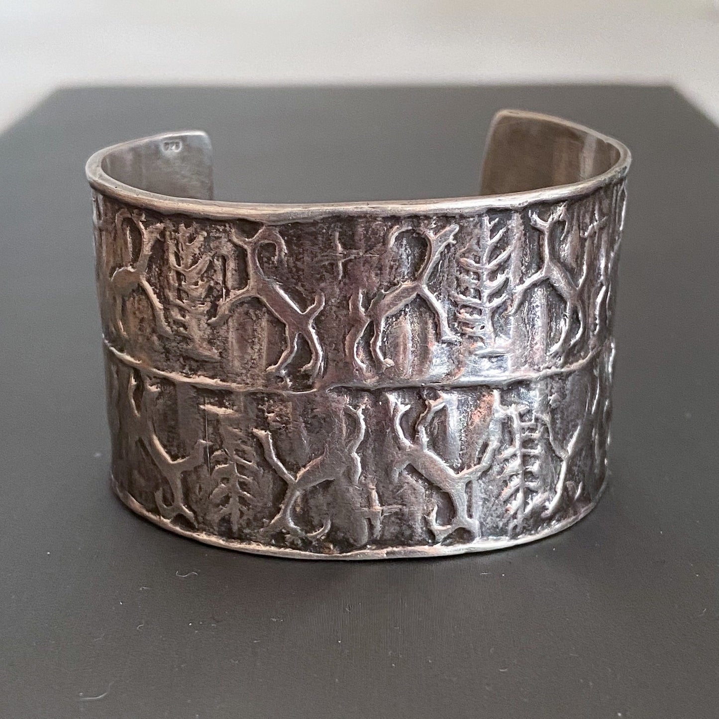 Vintage Deer Motif Wide Cuff Bracelet Sterling c. 1990