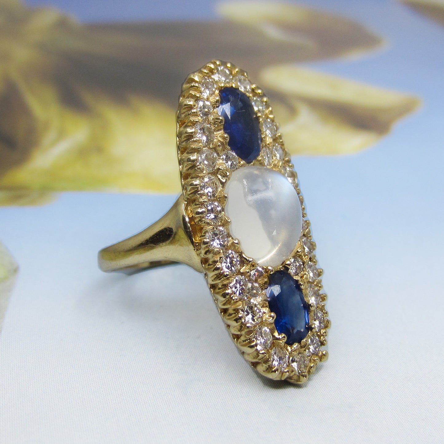 SOLD--Vintage Insane Moonstone, Sapphire and Diamond Navette Ring 14k c. 1950