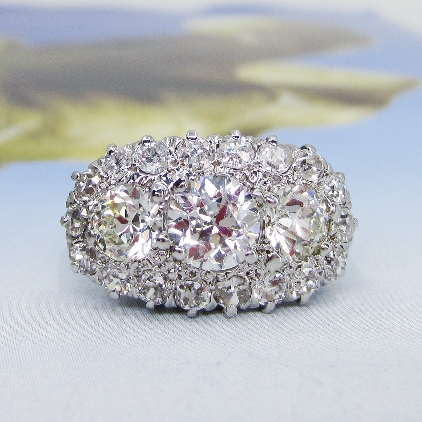 SOLD--Art Deco Old European Diamond 3.15ctw Cluster Ring 18k c. 1930