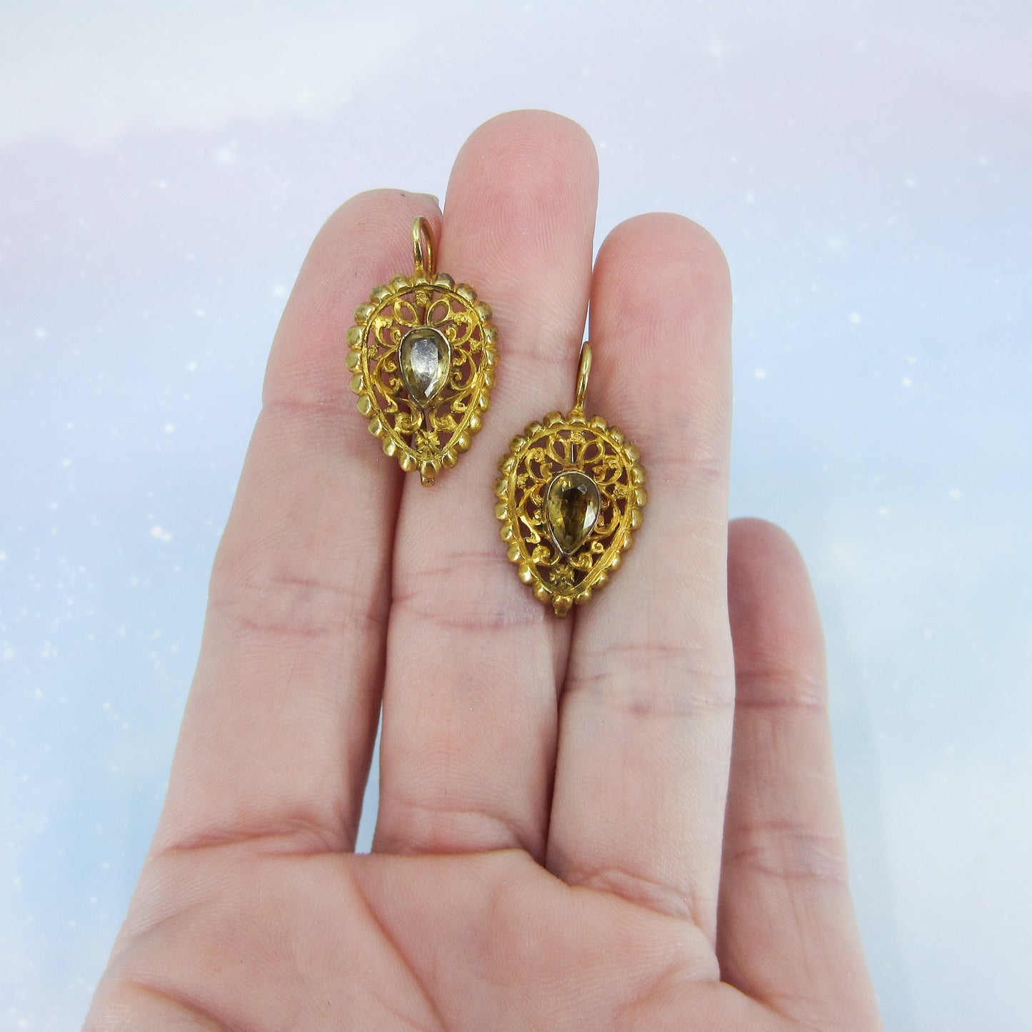 Victorian Foil-Backed Citrine Pendeloque Day/Night Earrings 22k c. 1850