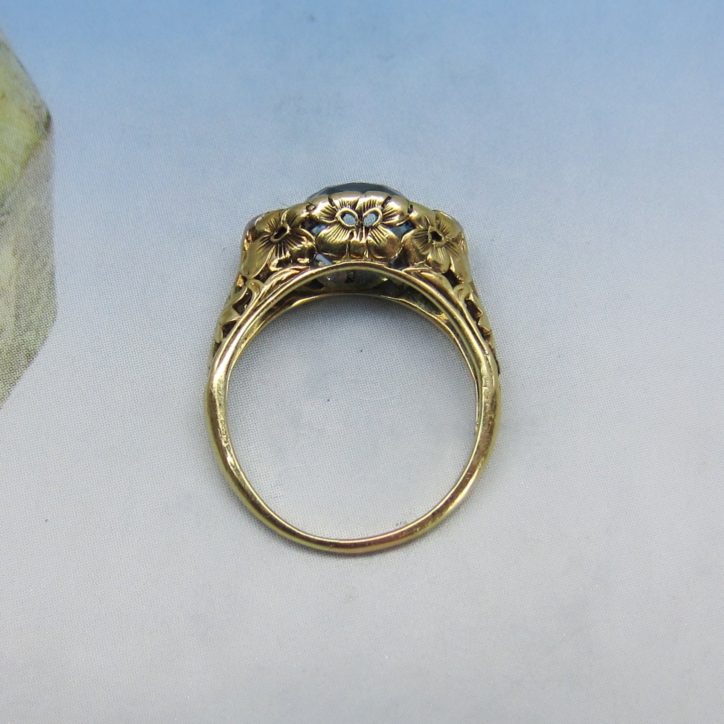 SOLD--Arts & Crafts Aquamarine and Diamond Flower Ring 14k c. 1920