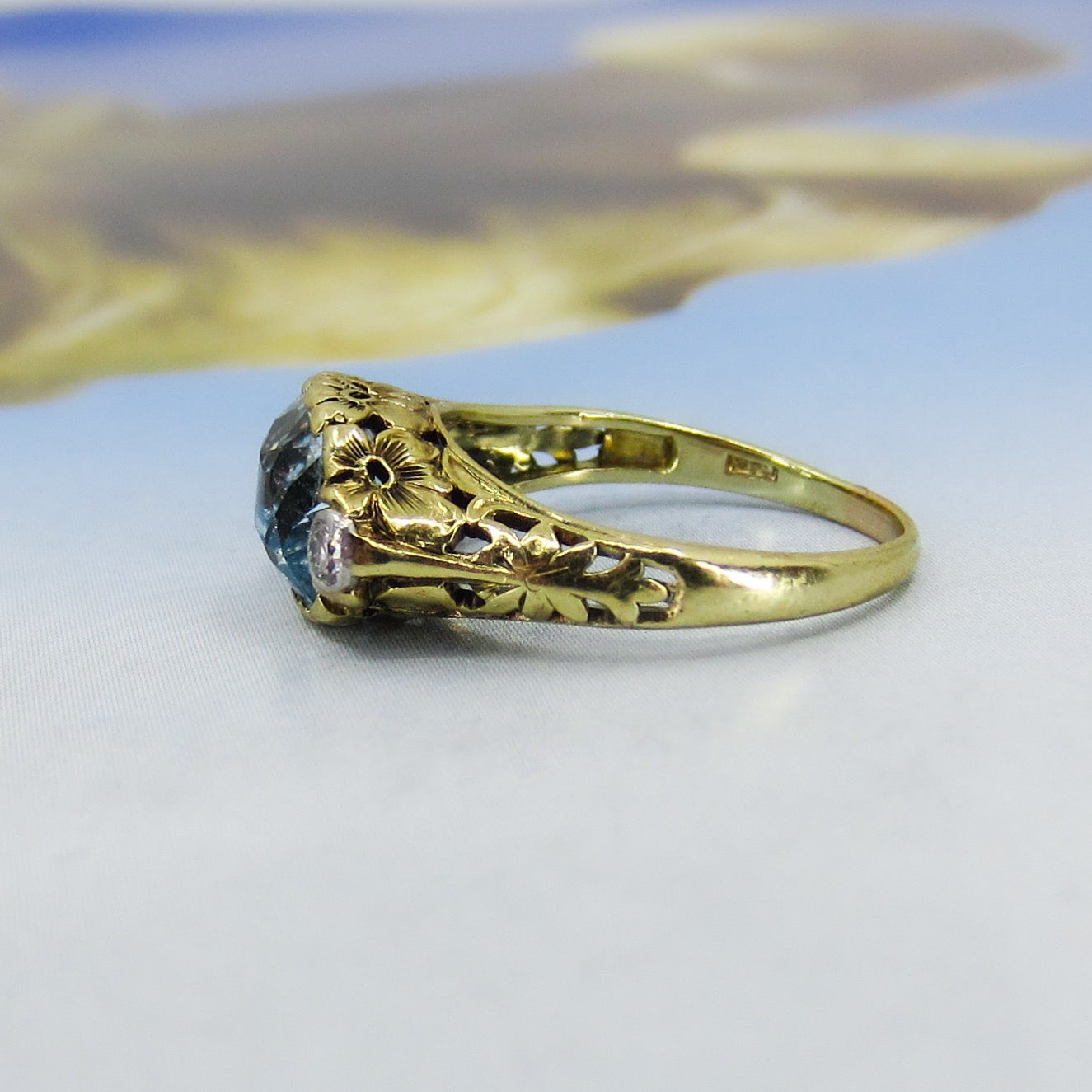 SOLD--Arts & Crafts Aquamarine and Diamond Flower Ring 14k c. 1920