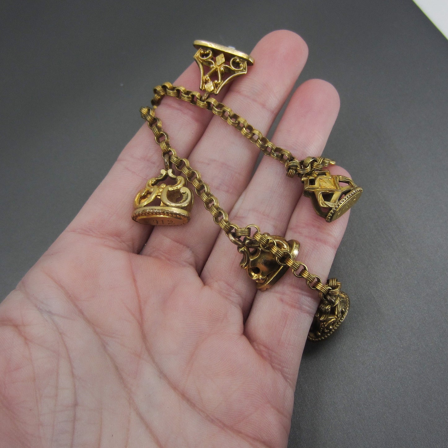 SOLD-Antique Seal Fob Charm Bracelet Gold-Filled c. 1900