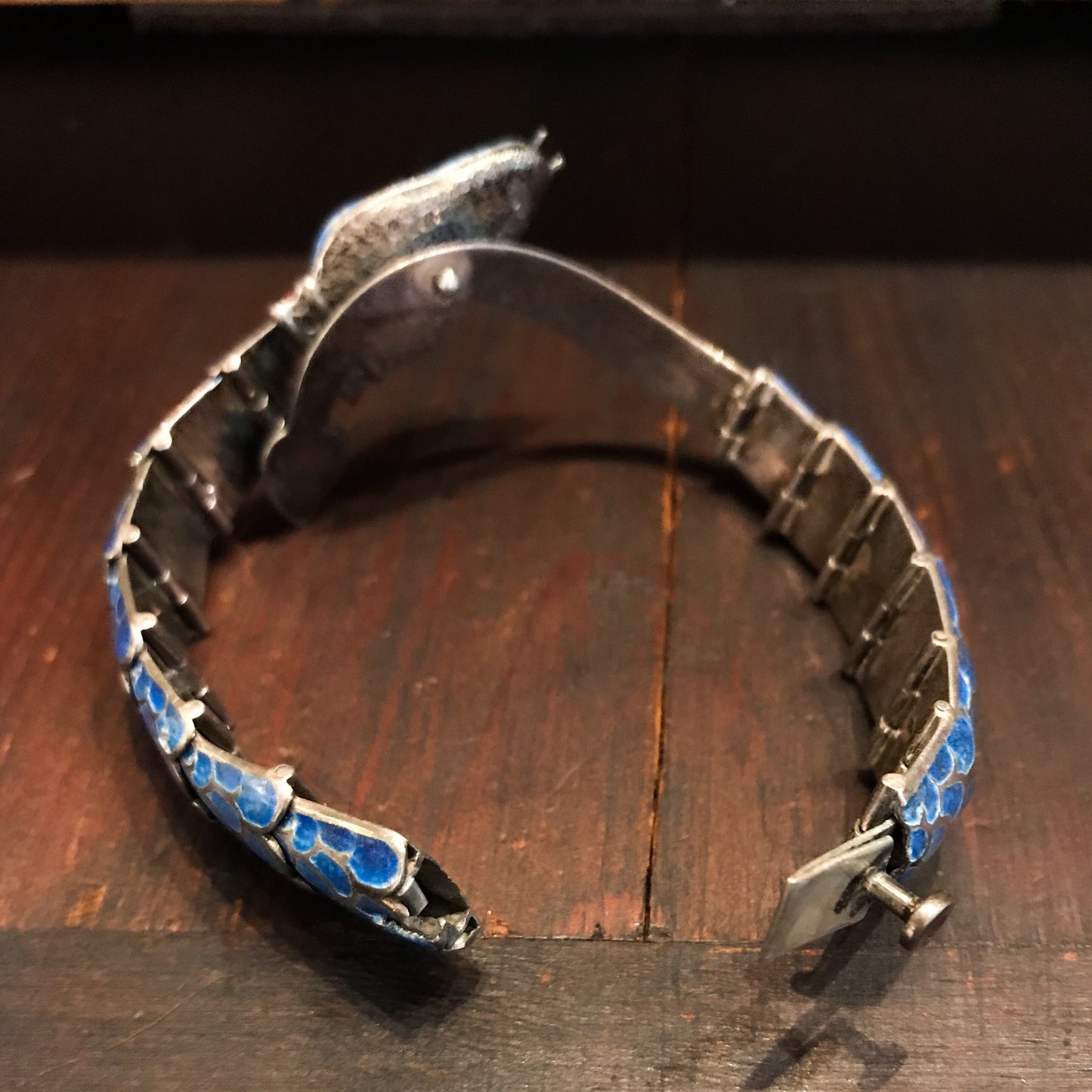 SOLD--Mid-Century Enamel Snake Bracelet Sterling, Taxco c. 1970