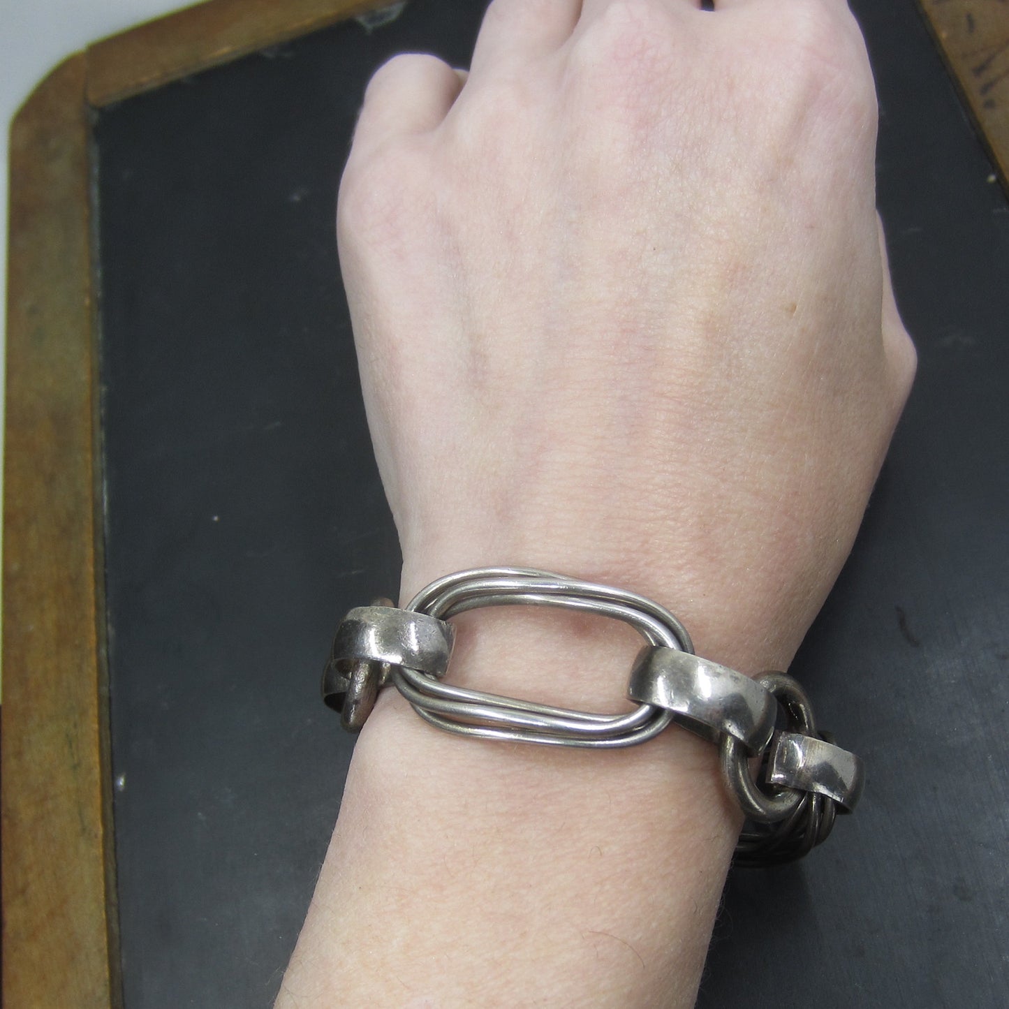 SOLD--Vintage Modernist Oval Rings Bracelet Sterling c. 1970