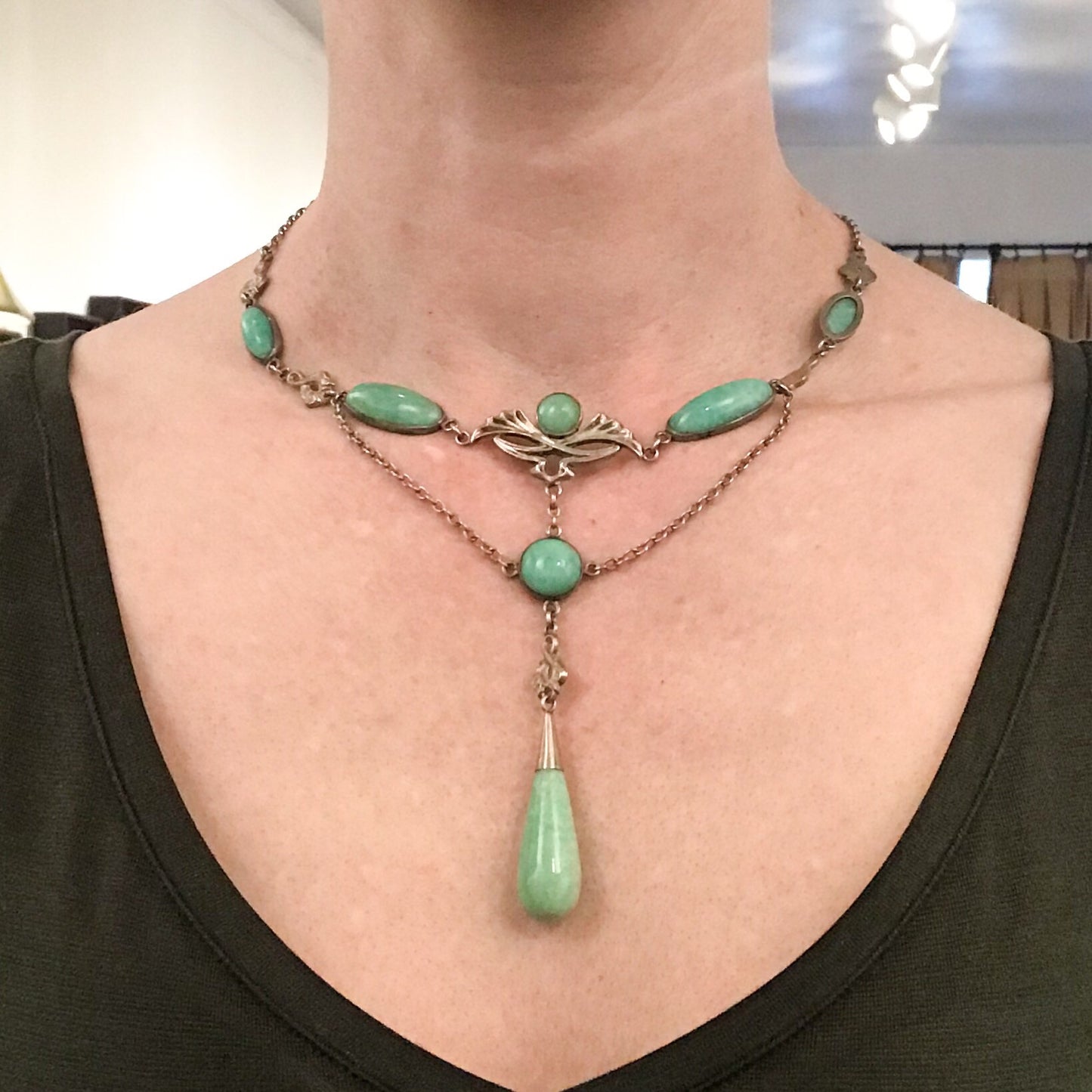 SOLD--Art Nouveau Green Quartz Drop Necklace Sterling c. 1900