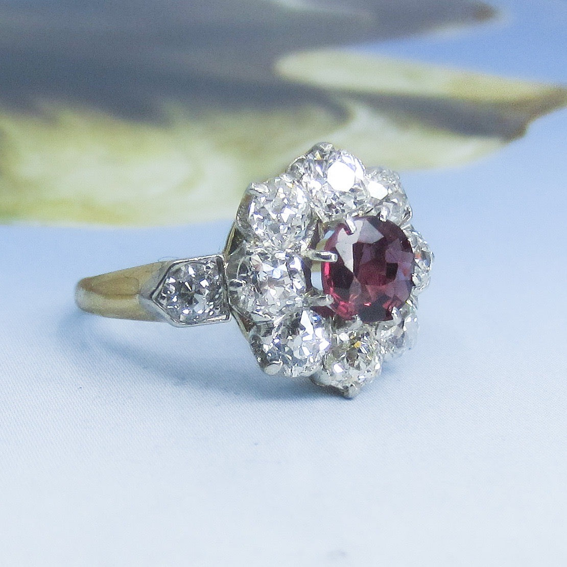 SOLD--Beautiful Edwardian Ruby and Old Mine Diamond Cluster Ring 14k/Plat c. 1900