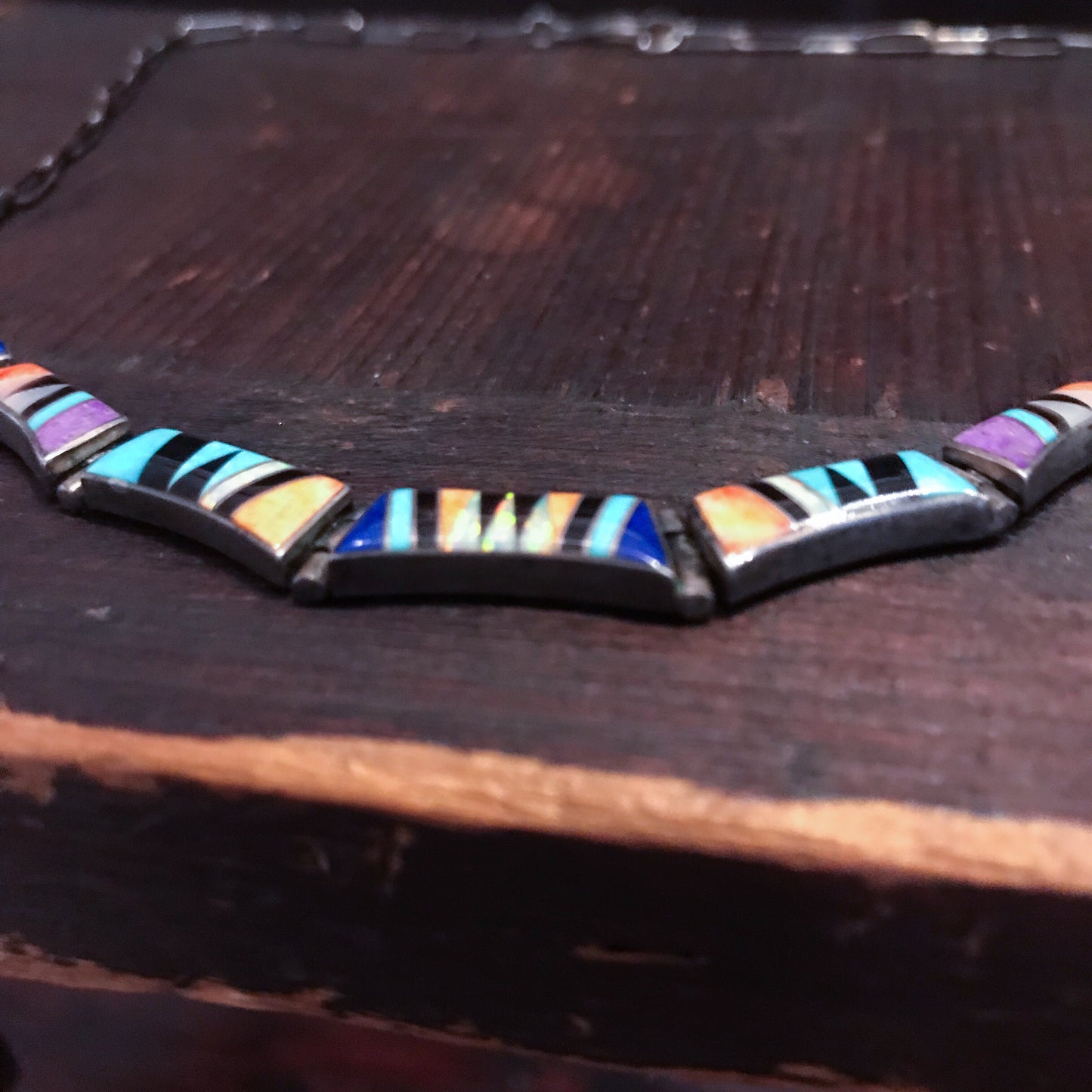 SOLD--Vintage Navajo Inlay Necklace Sterling c. 1980