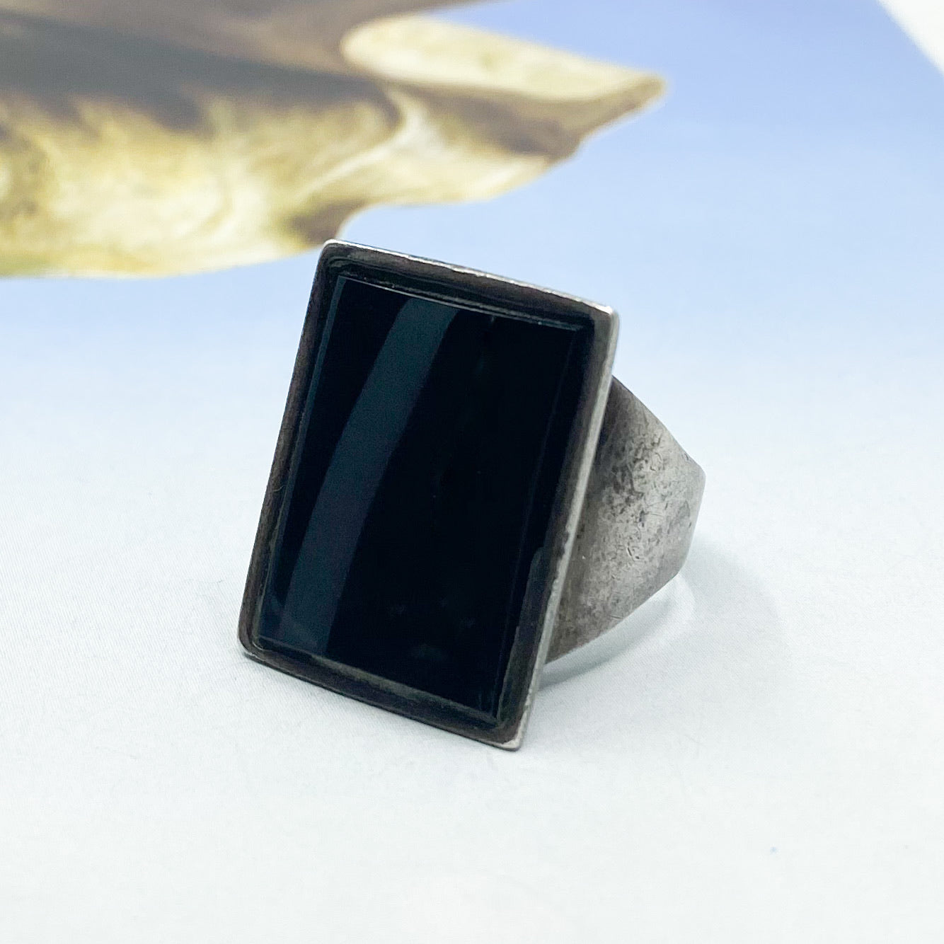 SOLD--Vintage Large Onyx Signet Ring Sterling c. 1970