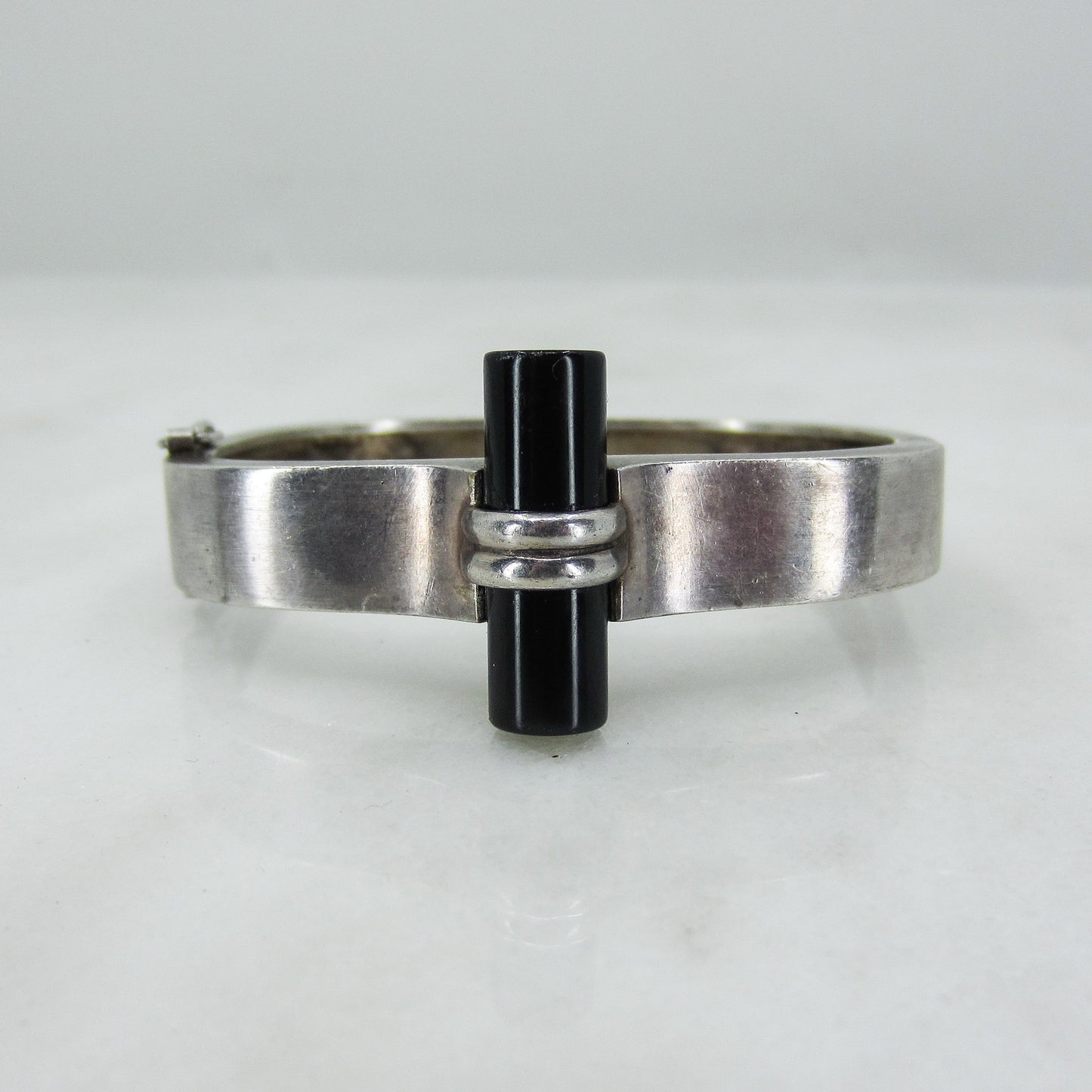 SOLD--Art Deco Onyx Hinged Bangle Sterling Silver c. 1940