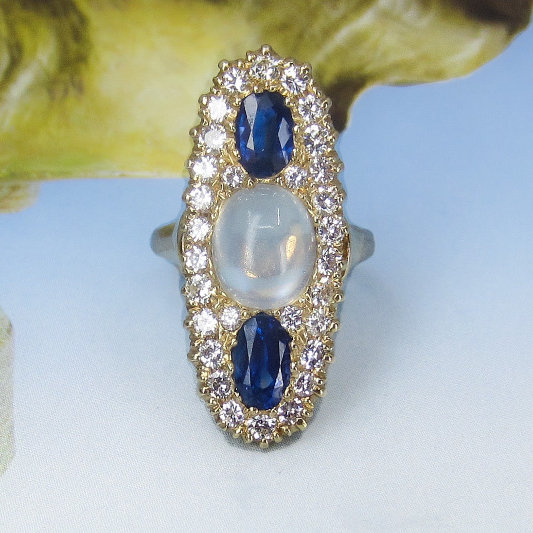 SOLD--Vintage Insane Moonstone, Sapphire and Diamond Navette Ring 14k c. 1950