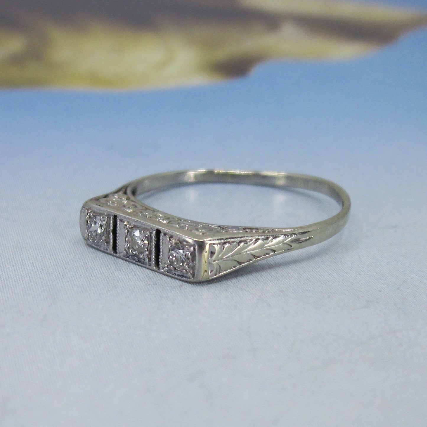 SOLD--Art Deco Three Diamond Engraved Band 18k c. 1920