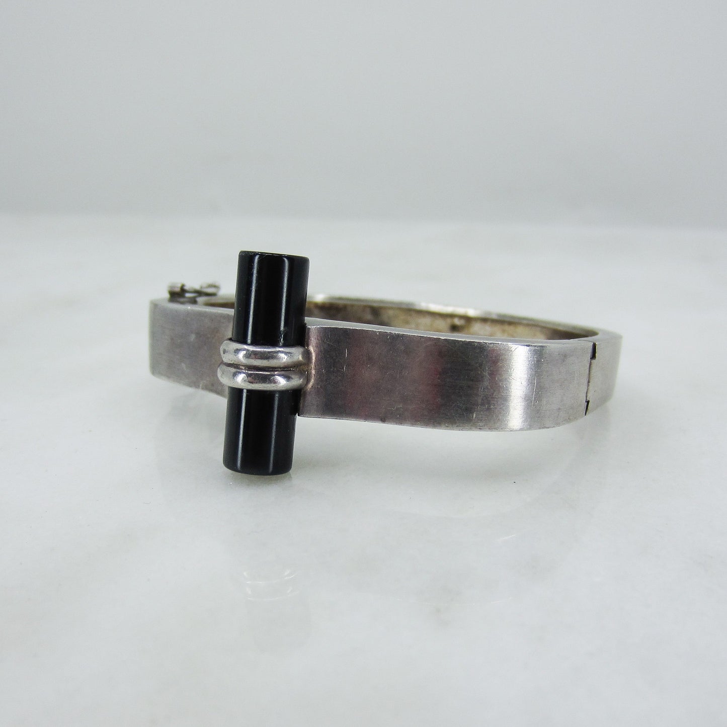 SOLD--Art Deco Onyx Hinged Bangle Sterling Silver c. 1940