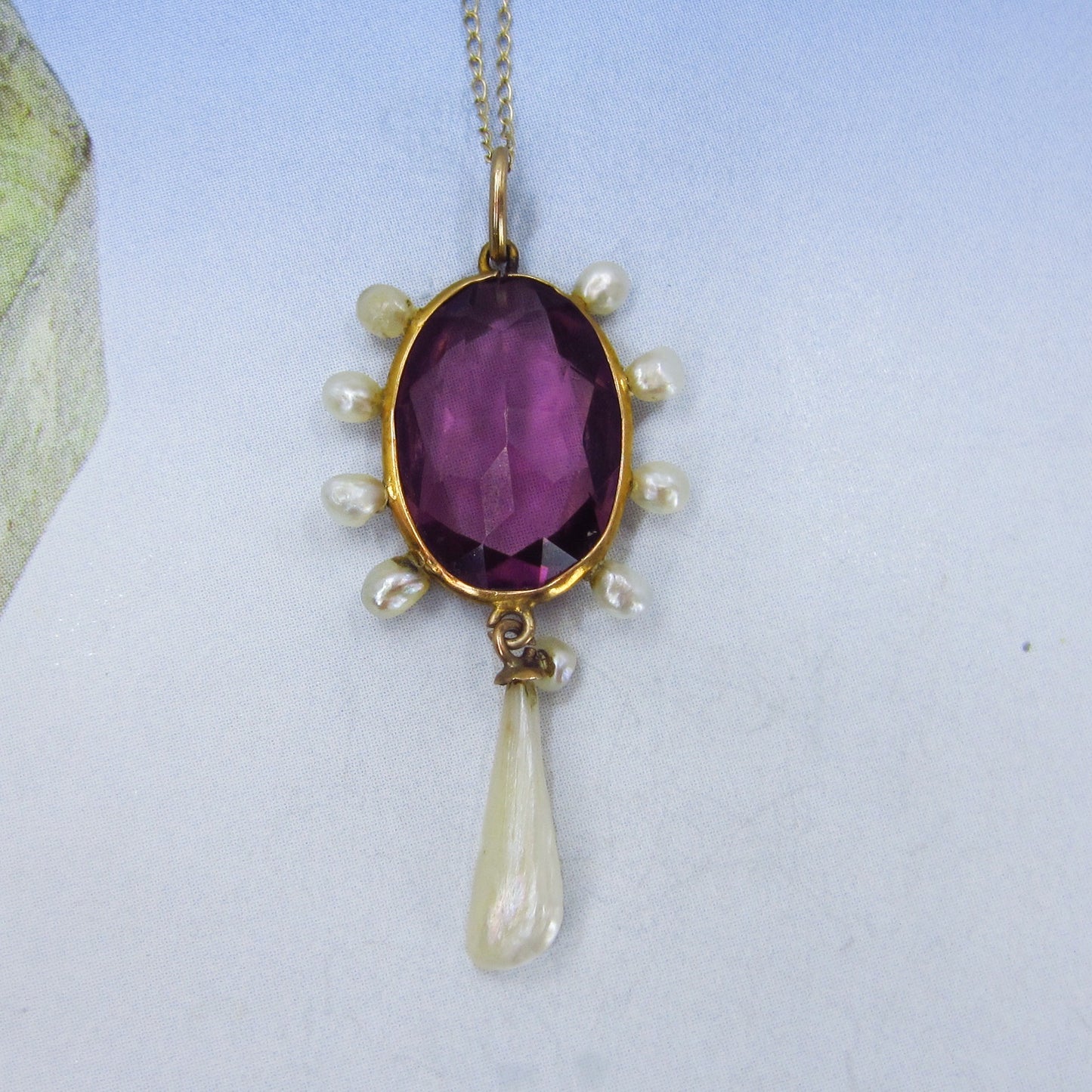 SOLD-Edwardian Amethyst and Pearl Pendant 14k c. 1900