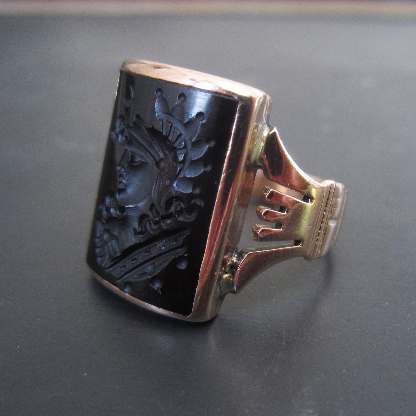 SOLD--Victorian Onyx Warrior Intaglio Ring 14k c. 1890