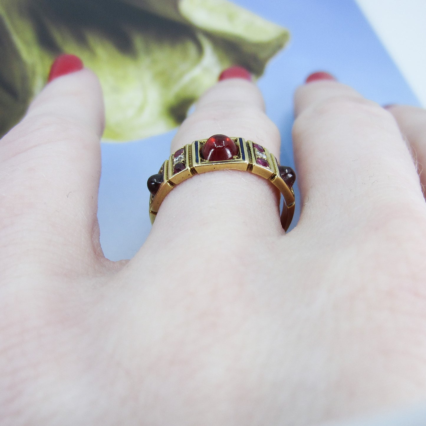 SOLD--Victorian Garnet, Ruby, Diamond and Enamel Band 18k, British c. 1870