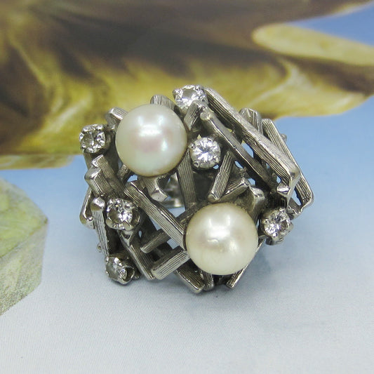 Brutalist Diamond And Pearl Ring 14k c. 1970